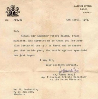 Letter Tafawa Balewa sent to South Africa