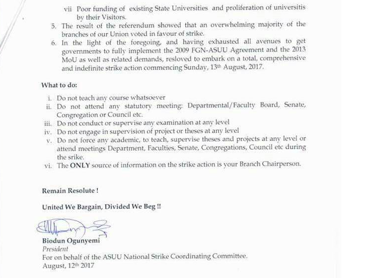 ASUU strike memo