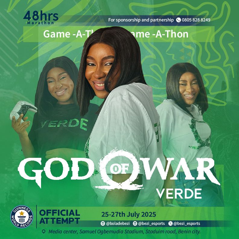 Promotional poster for Nigerian gamer Verde’s official 48-hour God of War marathon attempt, scheduled for July 25–27, 2025, in Benin City. The image features Verde in various poses, with event details, Guinness World Records logo, and contact info for sponsorship and partnership.