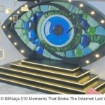 An image of the Big Brother Naija (BBNaija) Season 10 house interior. The image features a large, illuminated eye symbol on a wall above a black and gold staircase. The text below the image reads: “Top 10 BBNaija S10 Moments That Broke The Internet Last Week,” with the source URL listed as “www.lists.ng.