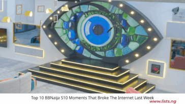 An image of the Big Brother Naija (BBNaija) Season 10 house interior. The image features a large, illuminated eye symbol on a wall above a black and gold staircase. The text below the image reads: “Top 10 BBNaija S10 Moments That Broke The Internet Last Week,” with the source URL listed as “www.lists.ng.