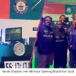 Split-screen image showing Verde during her 48-hour gaming marathon on the left, seated in front of a gaming setup with a visible timer, and a group photo on the right of Verde standing proudly with her support team, all wearing “BOLADE BEZI” shirts, celebrating her Guinness World Record attempt.