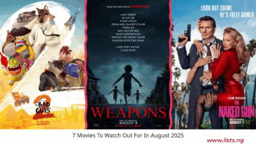 Three movie posters side by side: “The Bad Guys” (animated), “Weapons” (thriller), and “The Naked Gun” (comedy reboot), all set for August 2025 releases.
