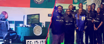 Split-screen image showing Verde during her 48-hour gaming marathon on the left, seated in front of a gaming setup with a visible timer, and a group photo on the right of Verde standing proudly with her support team, all wearing “BOLADE BEZI” shirts, celebrating her Guinness World Record attempt.
