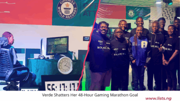 Split-screen image showing Verde during her 48-hour gaming marathon on the left, seated in front of a gaming setup with a visible timer, and a group photo on the right of Verde standing proudly with her support team, all wearing “BOLADE BEZI” shirts, celebrating her Guinness World Record attempt.