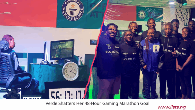Split-screen image showing Verde during her 48-hour gaming marathon on the left, seated in front of a gaming setup with a visible timer, and a group photo on the right of Verde standing proudly with her support team, all wearing “BOLADE BEZI” shirts, celebrating her Guinness World Record attempt.