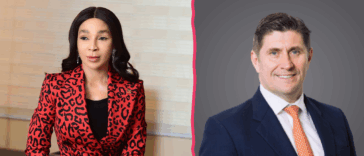 Split image of two business professionals, Adaora Umenji Senge in a red leopard-print suit and Roger Thompson Brown in a navy suit with an orange tie, with the caption “Top 10 Highest-Paid CEOs in Nigeria: Meet the Big Earners!” and the website www.lists.ng.