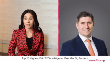 Split image of two business professionals, Adaora Umenji Senge in a red leopard-print suit and Roger Thompson Brown in a navy suit with an orange tie, with the caption “Top 10 Highest-Paid CEOs in Nigeria: Meet the Big Earners!” and the website www.lists.ng.