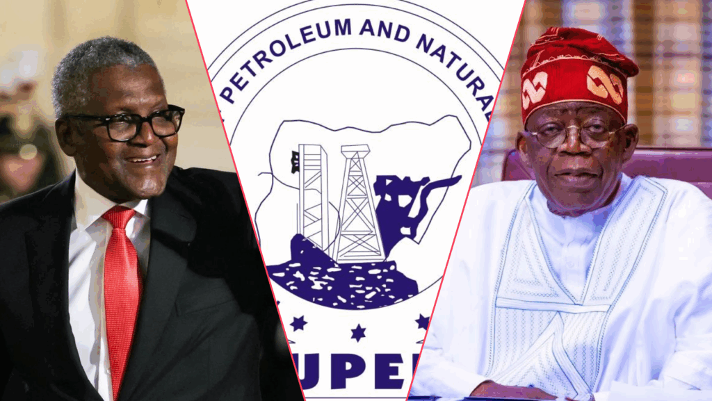 A collage of Aliko Dangote, the NUPENG logo and Bola Ahmed Tinubu