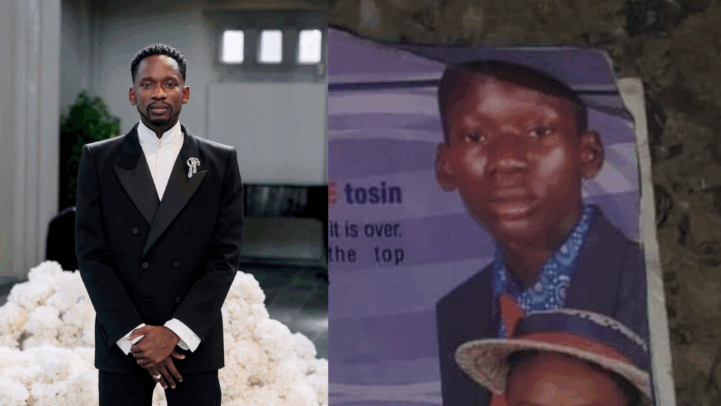 Mr Eazi in a black suit alongside his old secondary school yearbook photo.
