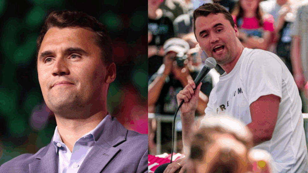 Charlie Kirk speaking at an event and addressing a crowd, shown in two side-by-side photos.