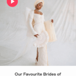 Temi Ajibade dressed in a fitted off-white gown with dramatic sleeves and a gele headwrap holds a matching hand fan while posing in front of a soft white draped background. Beneath the image, the text says “Our Favourite Brides of 2025.