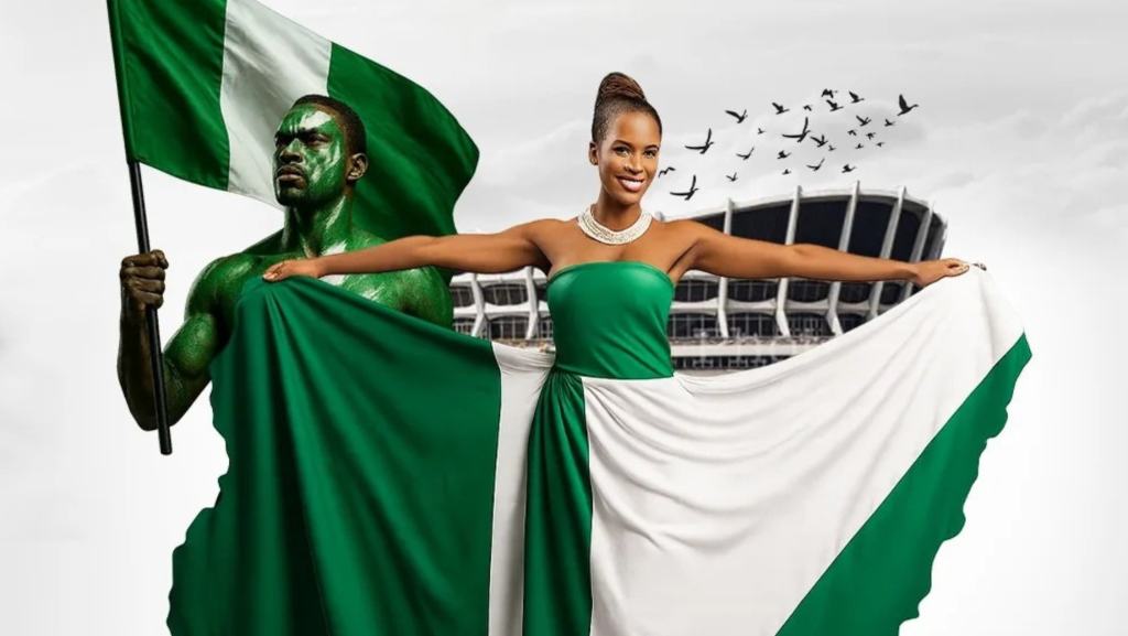 A vibrant image featuring a man and a woman holding a large Nigerian flag, with green and white colors flowing around them. The man, painted green, holds a flagpole on the left, while the woman, dressed in a green strapless dress and pearl necklace, stands with arms outstretched on the right. In the background, a stadium and flying birds are visible against a light sky.