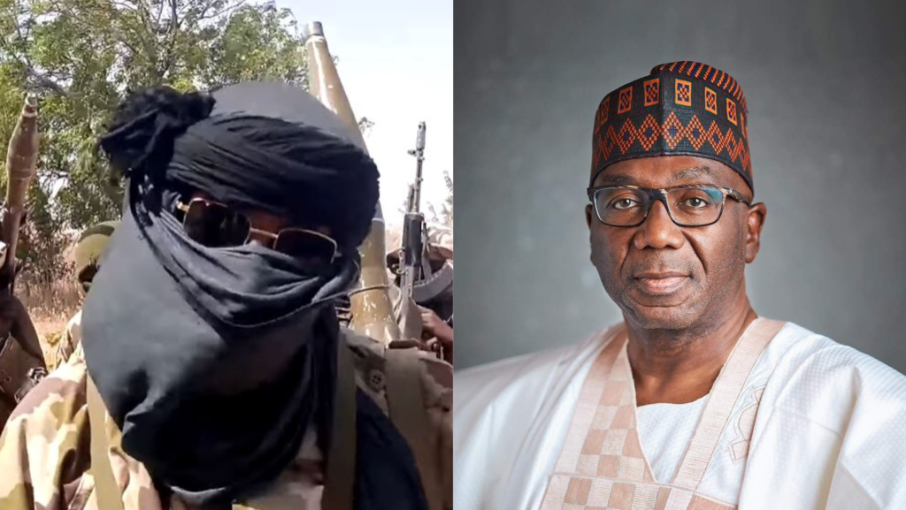 Split-screen image showing an armed bandit with a rifle in a forested area on the left, contrasted with a formal portrait of Kwara State Governor AbdulRazaq in traditional attire on the right. The image highlights the ongoing security crisis in Kwara State, Nigeria, amid rising banditry attacks as of October 2025.