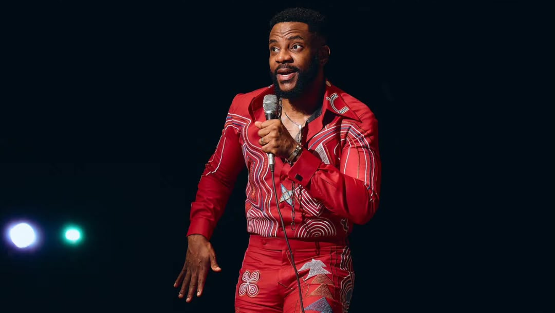 Ebuka in a red patterned top and trousers with beads in tribute to Fela Anikulapo Kuti for BBNaija 2025 Season 10